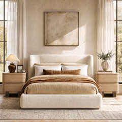 A cream upholstered bed stands between two matching two-drawer wood-grain nightstands in a sunlit bedroom