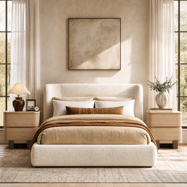 A cream upholstered bed stands between two matching two-drawer wood-grain nightstands in a sunlit bedroom