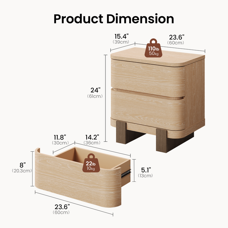 [Pre-sale] Nightstand with 2 Drawers 23.6" Large Bedside Table with Curved Front Handle-Free Storage