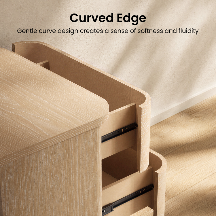 Close-up shows a light wood-toned cabinet with a rounded side and two open drawers, Black drawer slides are visible