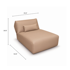 Dimension diagram of a tan chaise lounge with backrest and lumbar pillow.