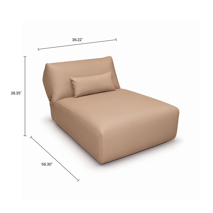 Dimension diagram of a tan chaise lounge with backrest and lumbar pillow.