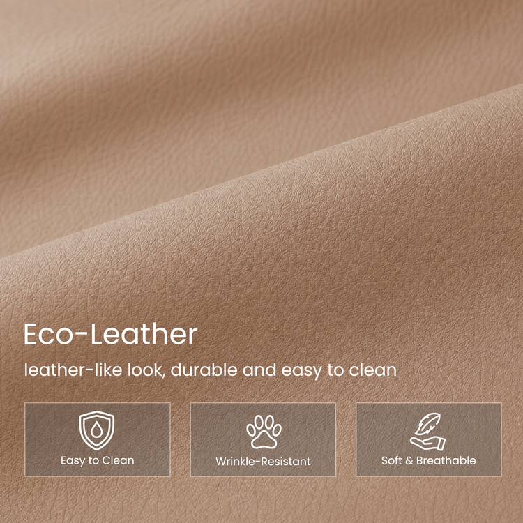 Tan eco-leather texture with claims of durability, easy cleaning, wrinkle resistance, softness, and breathability.