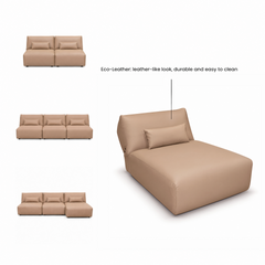 Tan modular armless sofa shown in two-seat, three-seat, and chaise configurations.