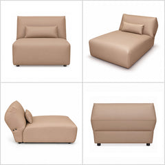 Beige armless chaise lounge with a broad cushioned seat and matching lumbar pillow, shown from four angles.