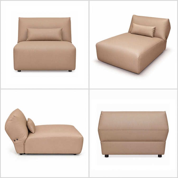 Beige armless chaise lounge with a broad cushioned seat and matching lumbar pillow, shown from four angles.