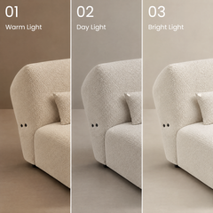 Textured white chair shown under warm, day, and bright light settings.