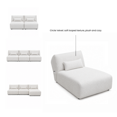 White modular sofa in several configurations with pillows and a close-up of looped upholstery.