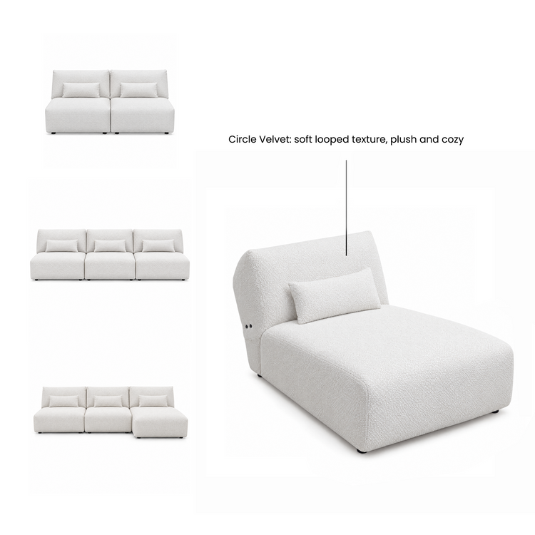 White modular sofa in several configurations with pillows and a close-up of looped upholstery.