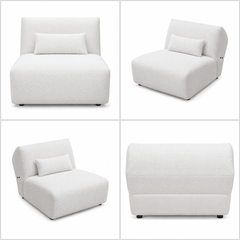 Four views of a white textured armless lounge chair with a lumbar cushion.