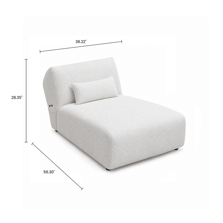 Dimension graphic of a white upholstered chaise with a matching lumbar pillow.