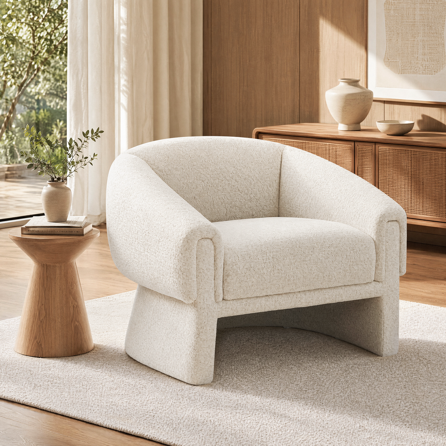 [Pre-Sale] Modern Organic Barrel Accent Chair Cream Tweed Bouclé Armchair for Living Room