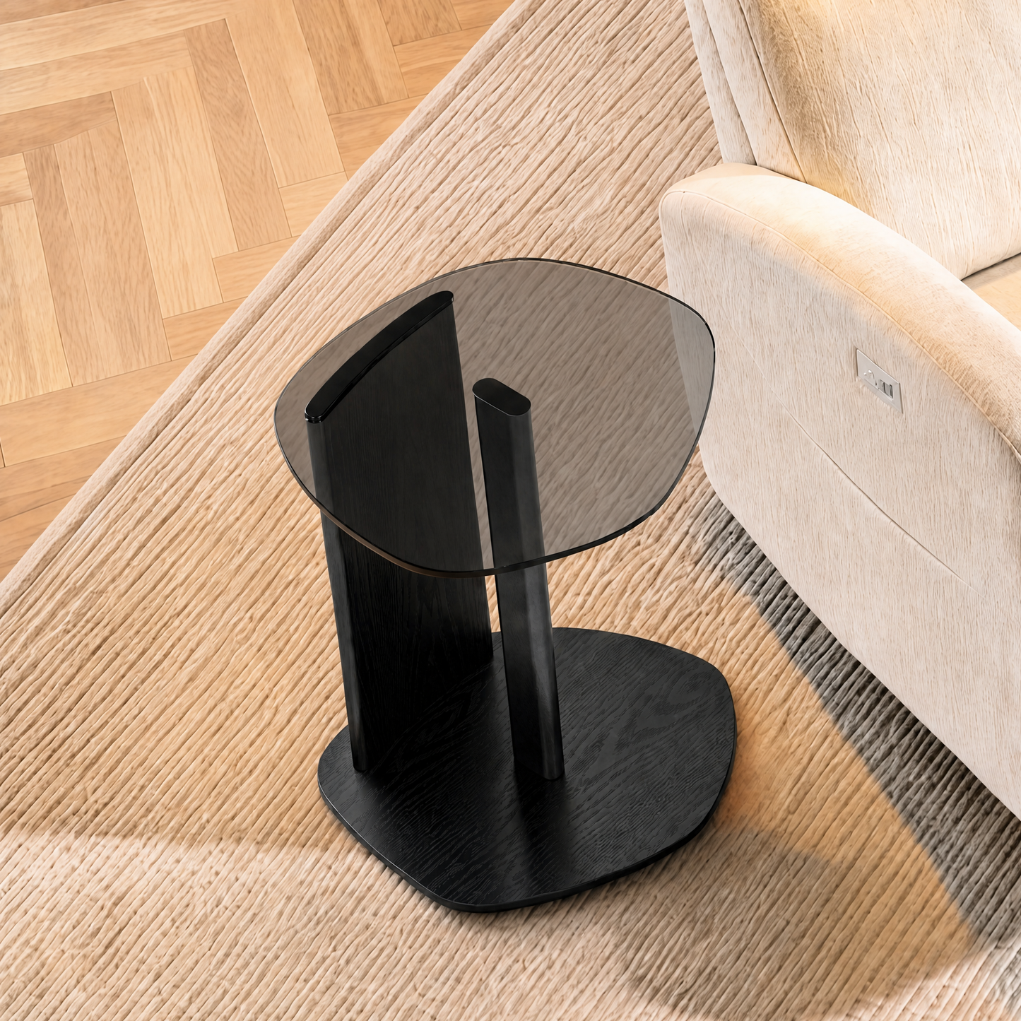 [Pre-Sale] Modern Organic Pebble Black Side Table Grey Glass & Ash Wood End Table with Metal Accent