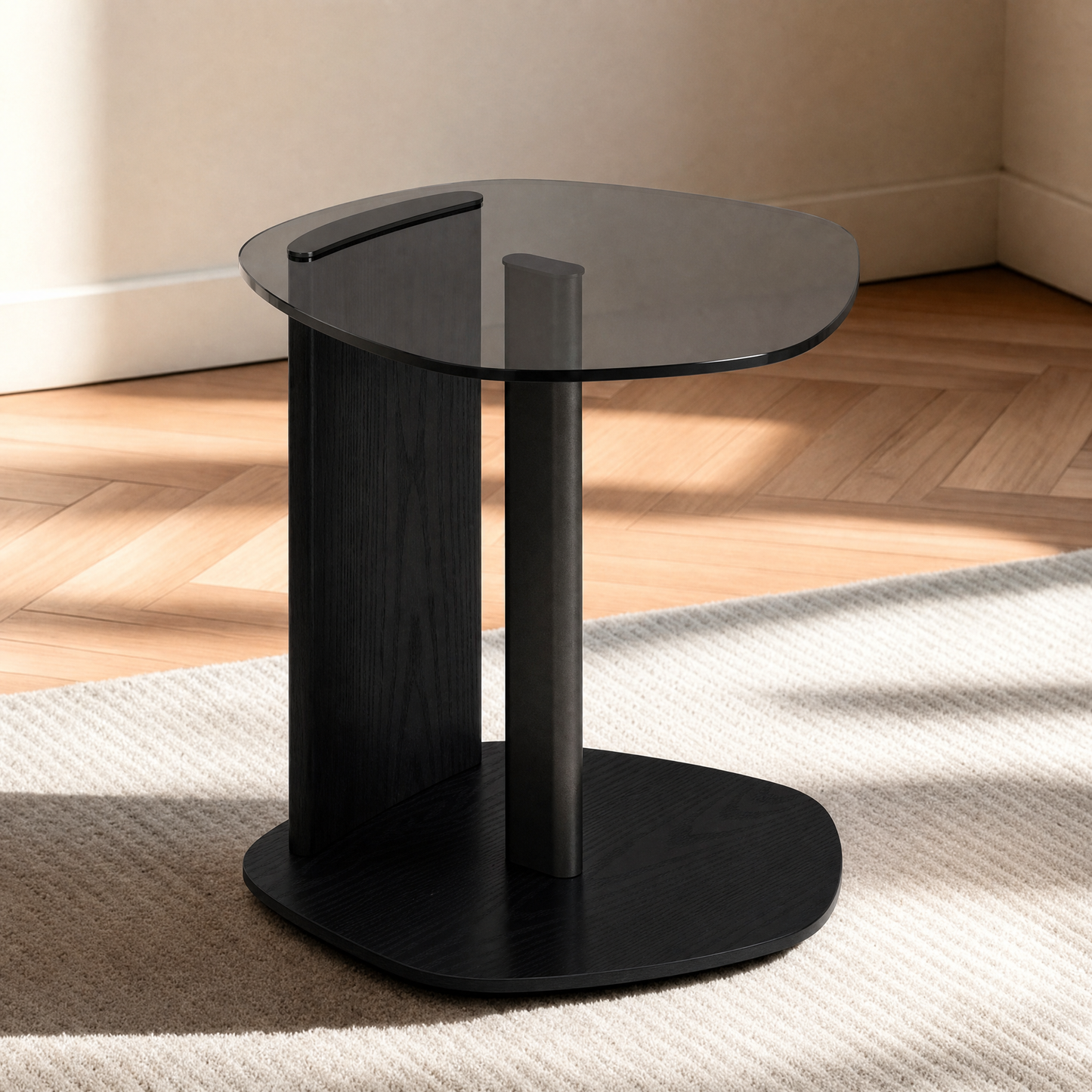 [Pre-Sale] Modern Organic Pebble Black Side Table Grey Glass & Ash Wood End Table with Metal Accent