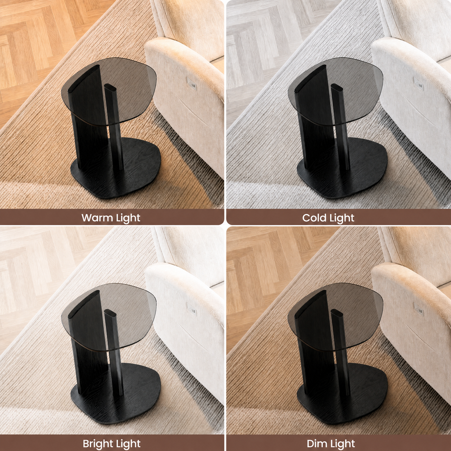 [Pre-Sale] Modern Organic Pebble Black Side Table Grey Glass & Ash Wood End Table with Metal Accent