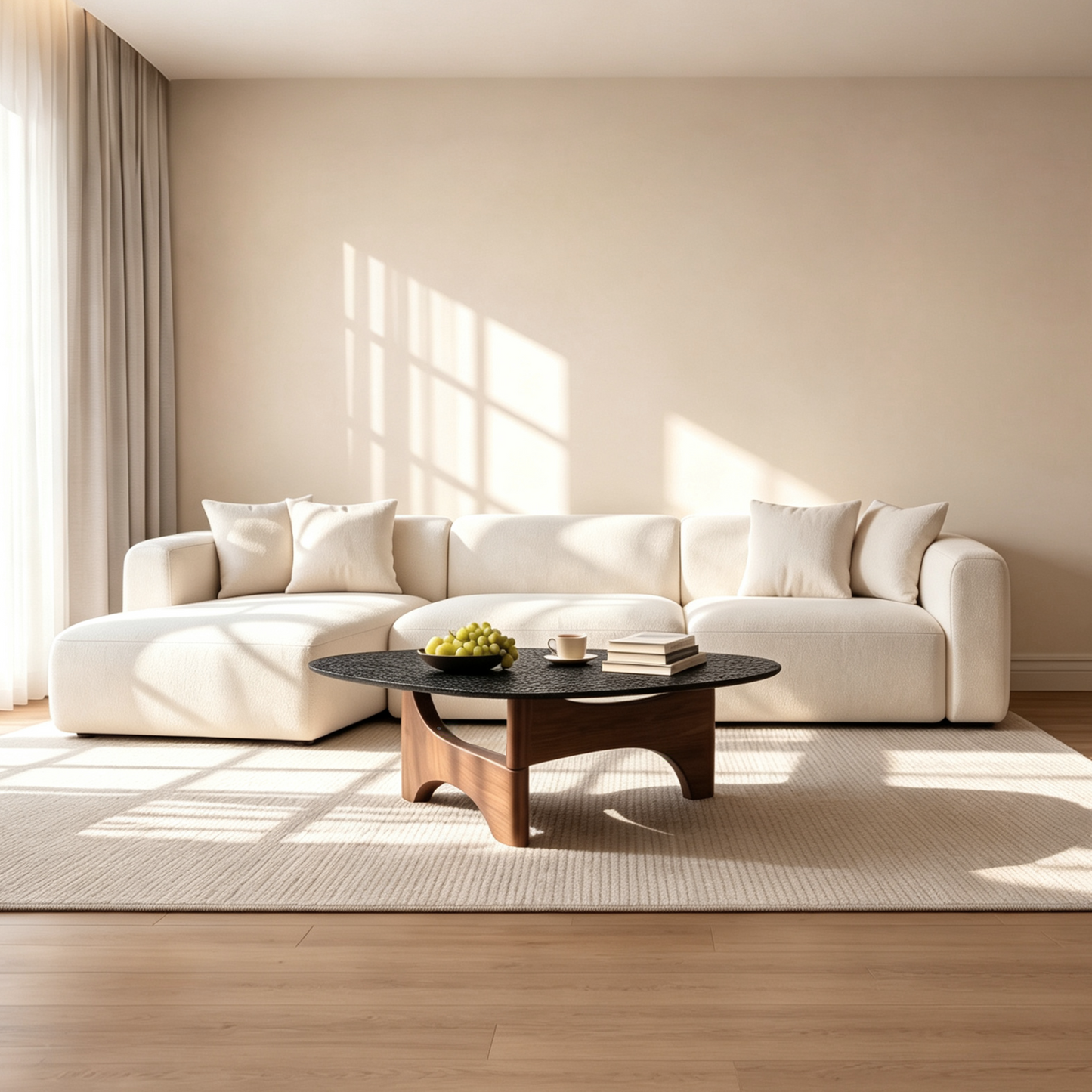 [Pre-Sale] Modern Organic Triangle Glass Coffee Table Water Ripple Tempered Glass & Walnut Wood Base