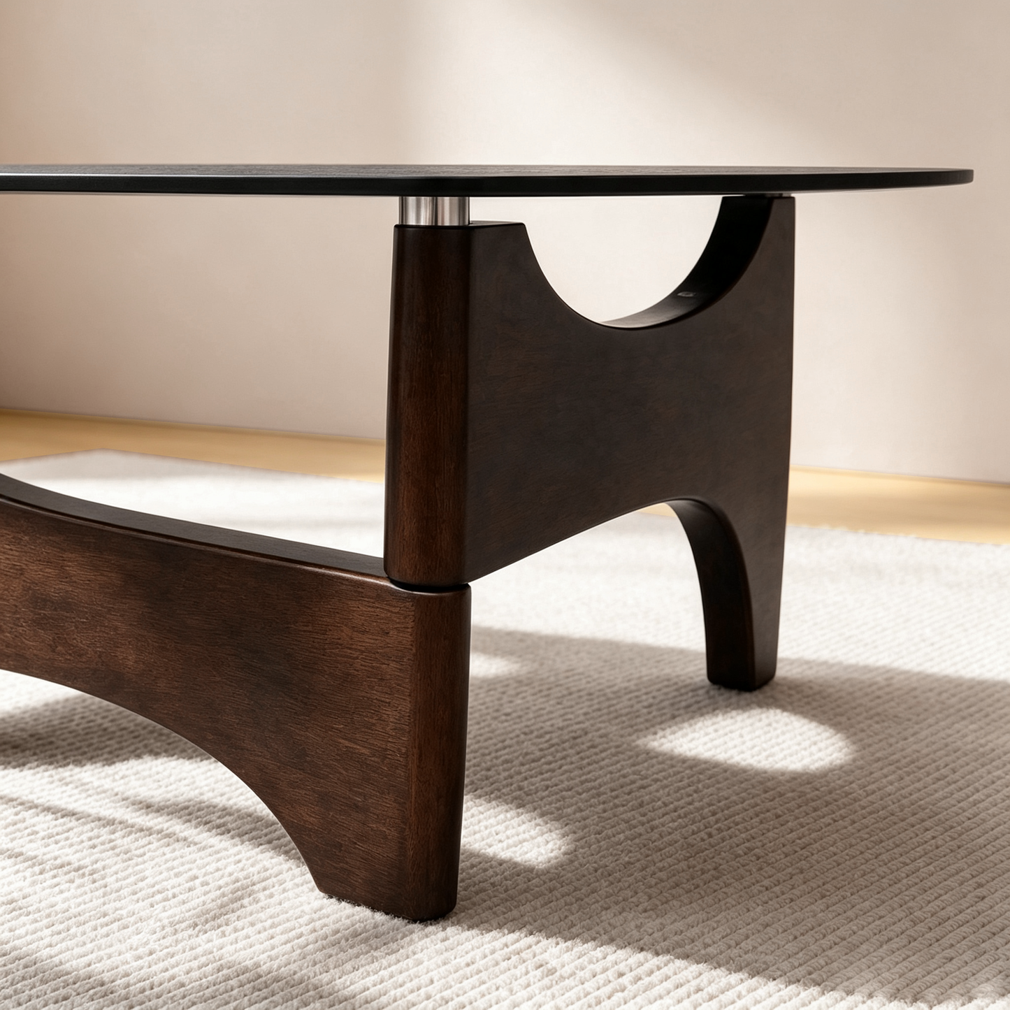 [Pre-Sale] Modern Organic Triangle Glass Coffee Table Water Ripple Tempered Glass & Walnut Wood Base