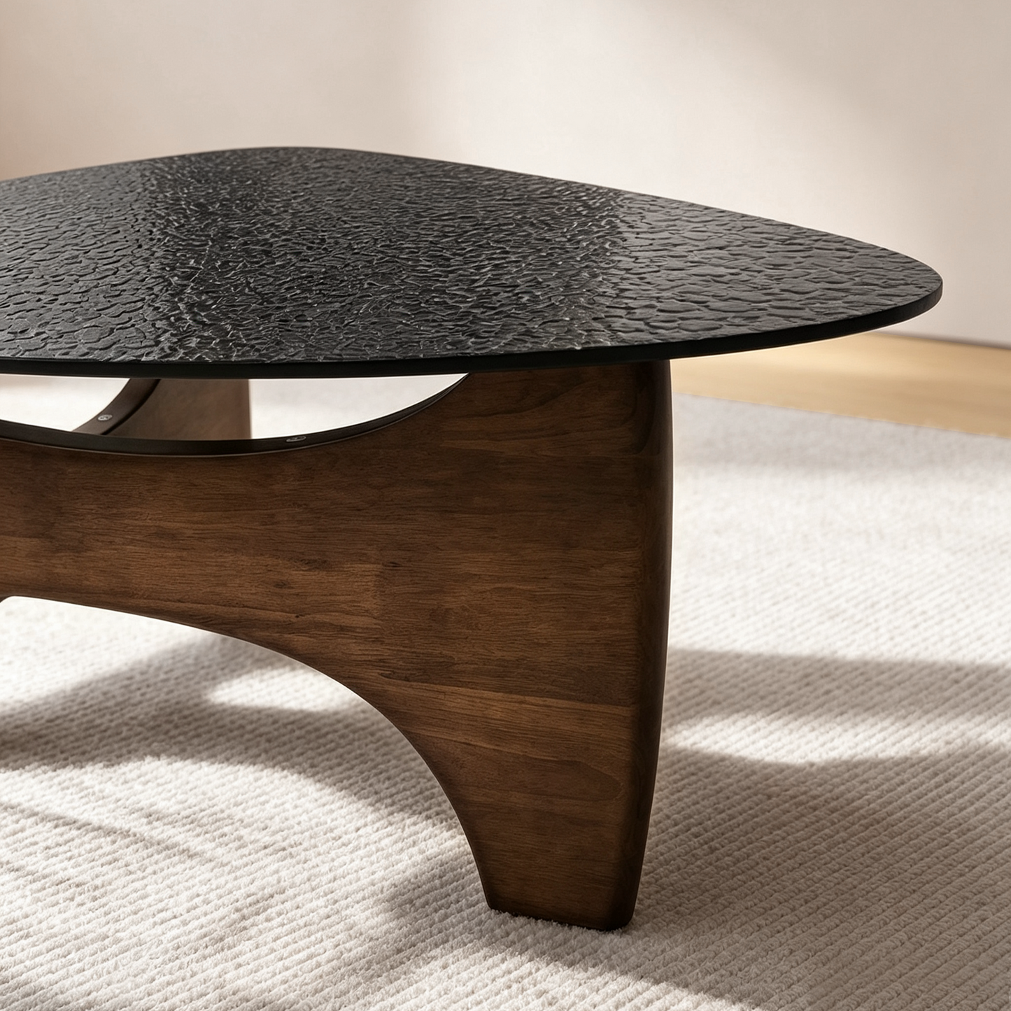 [Pre-Sale] Modern Organic Triangle Glass Coffee Table Water Ripple Tempered Glass & Walnut Wood Base
