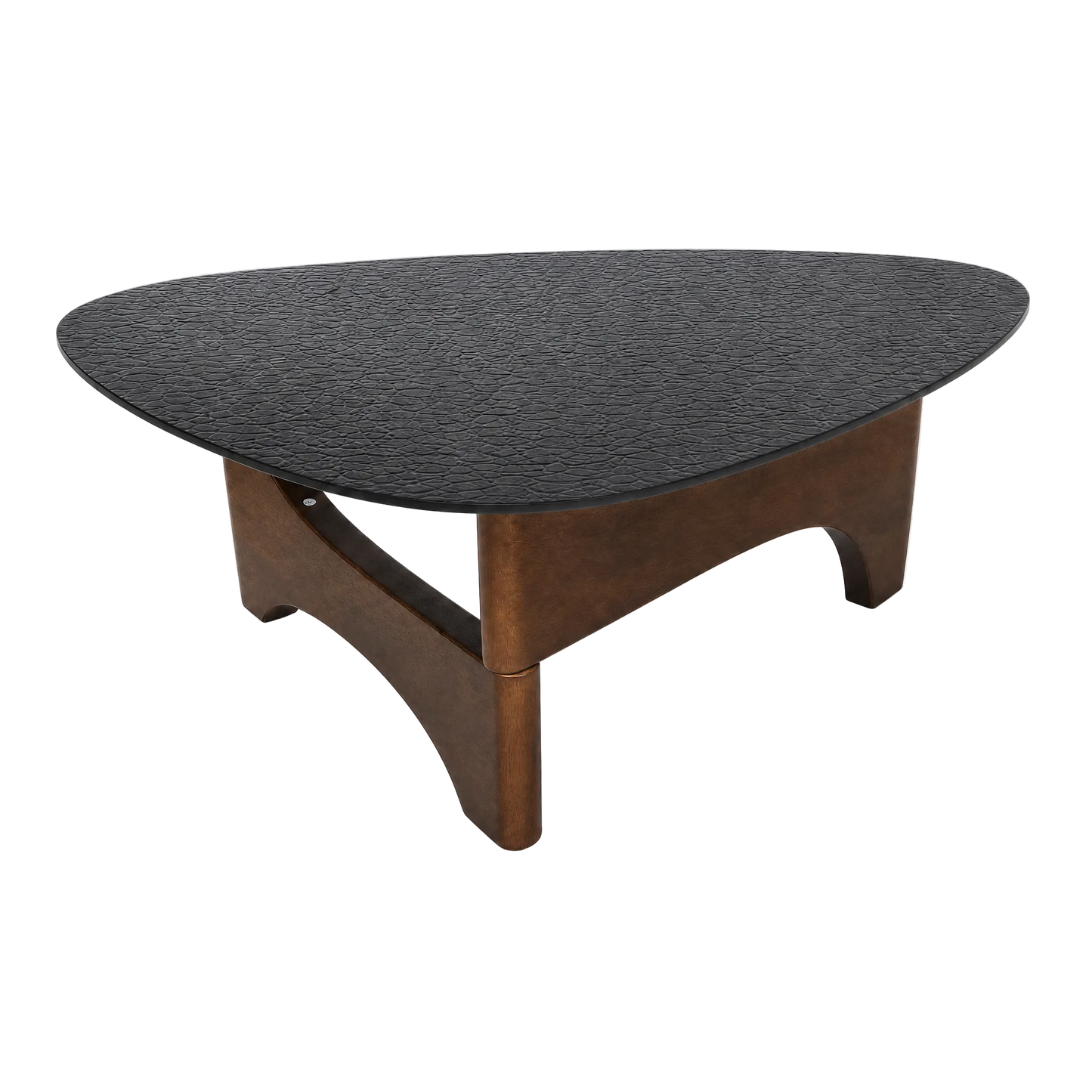 A modern low coffee table with a dark textured oval top and a curved medium-brown wooden base, shown on a plain white background.