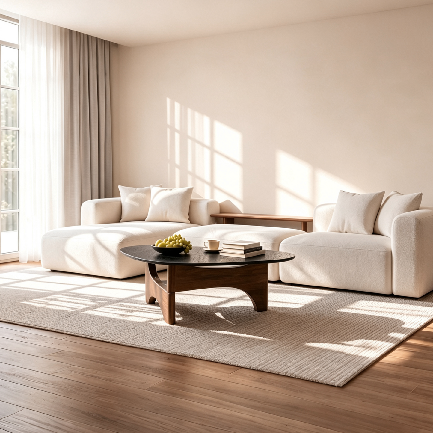 [Pre-Sale] Modern Organic Triangle Glass Coffee Table Water Ripple Tempered Glass & Walnut Wood Base