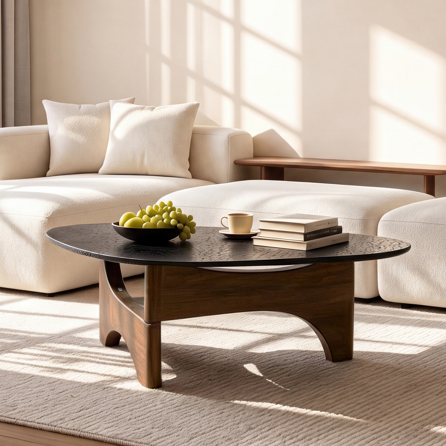 [Pre-Sale] Modern Organic Triangle Glass Coffee Table Water Ripple Tempered Glass & Walnut Wood Base