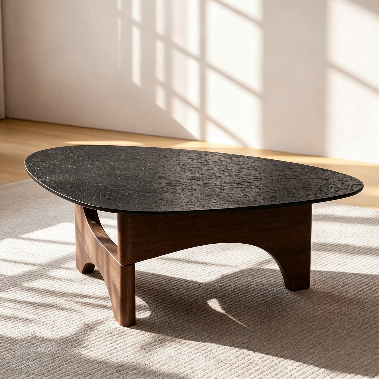 [Pre-Sale] Modern Organic Triangle Glass Coffee Table Water Ripple Tempered Glass & Walnut Wood Base
