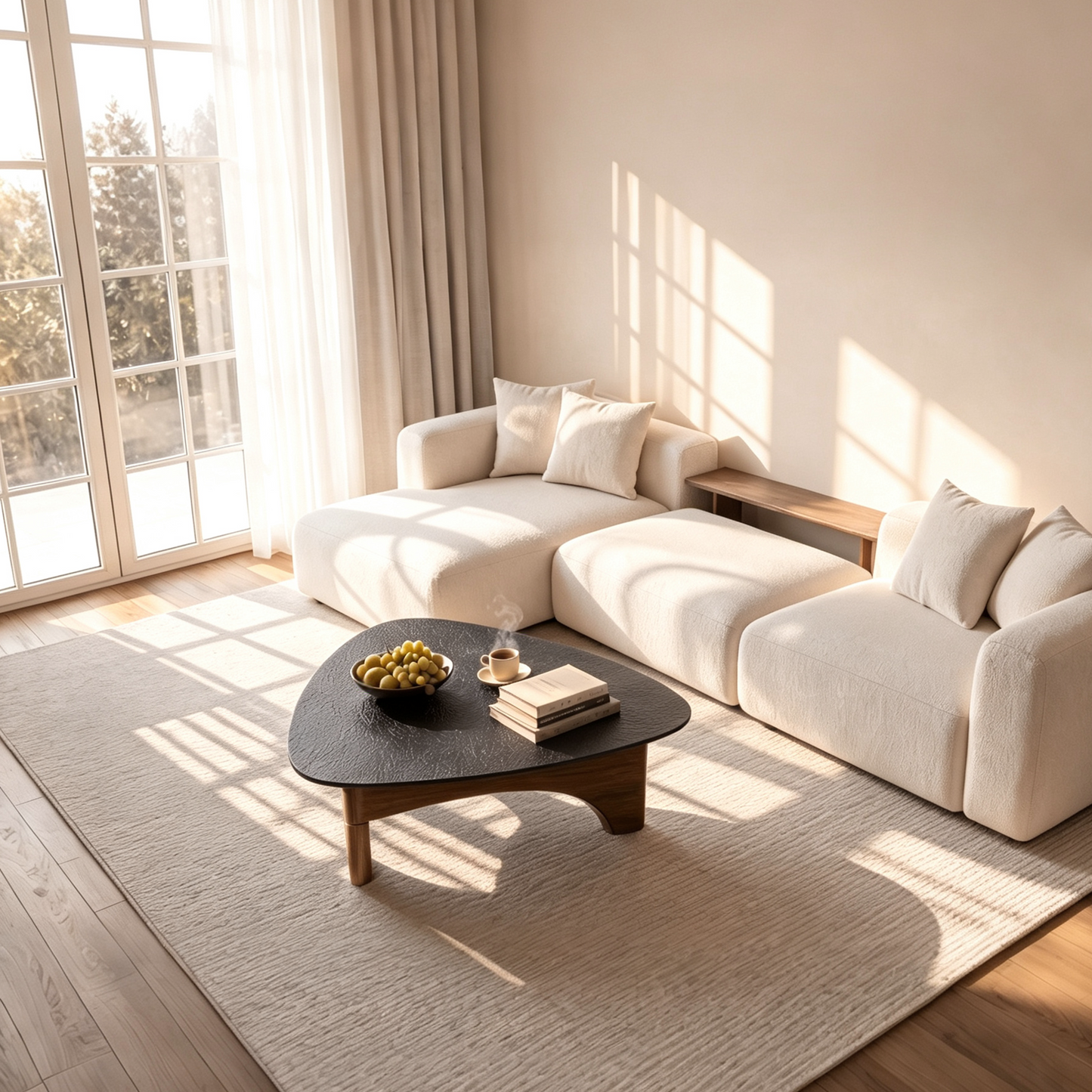 [Pre-Sale] Modern Organic Triangle Glass Coffee Table Water Ripple Tempered Glass & Walnut Wood Base