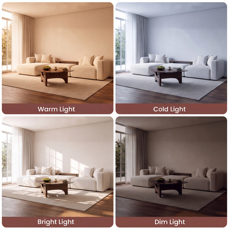 Four panels show the same seating arrangement under different lighting, Each scene includes two seats and a low table