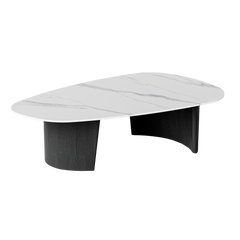 Low rectangular coffee table with a white marble-pattern top and black sculptural base on black