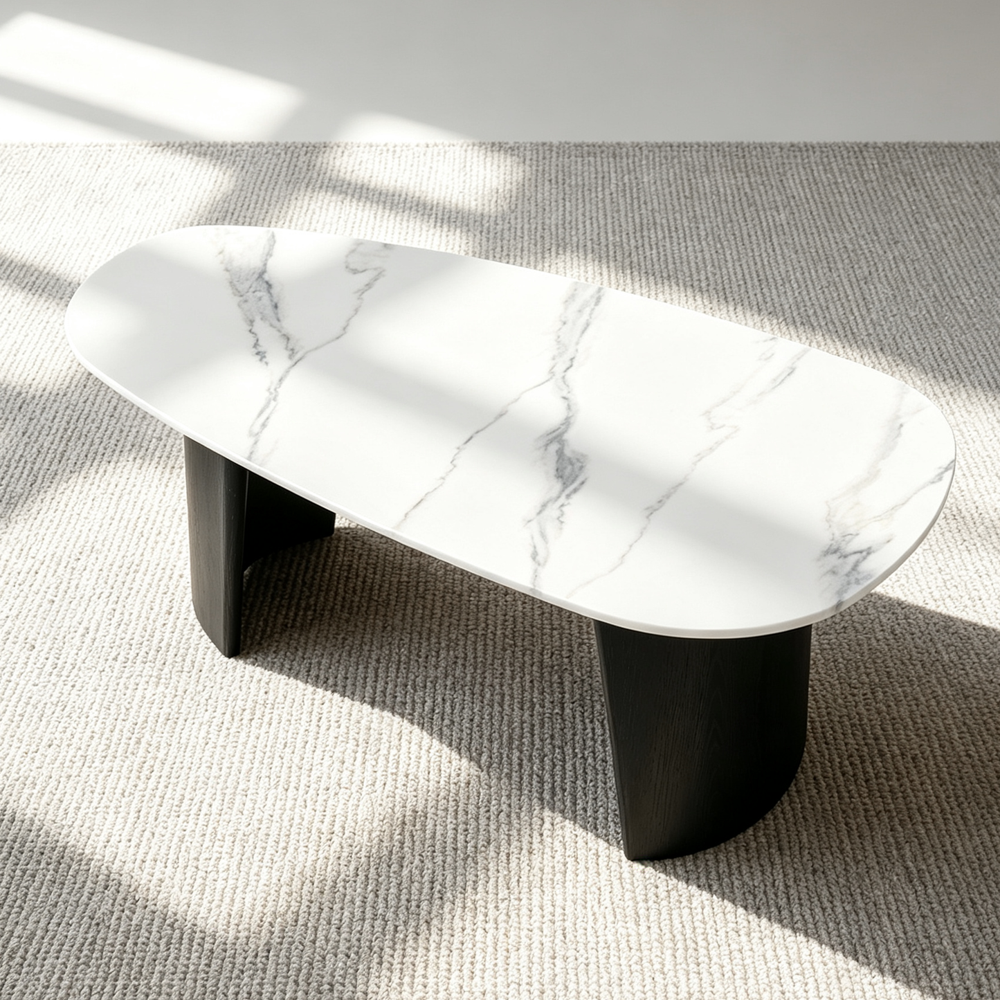 [Pre-Sale] Modern Oval Sintered Stone Coffee Table with Curved Black Ash Veneer Base