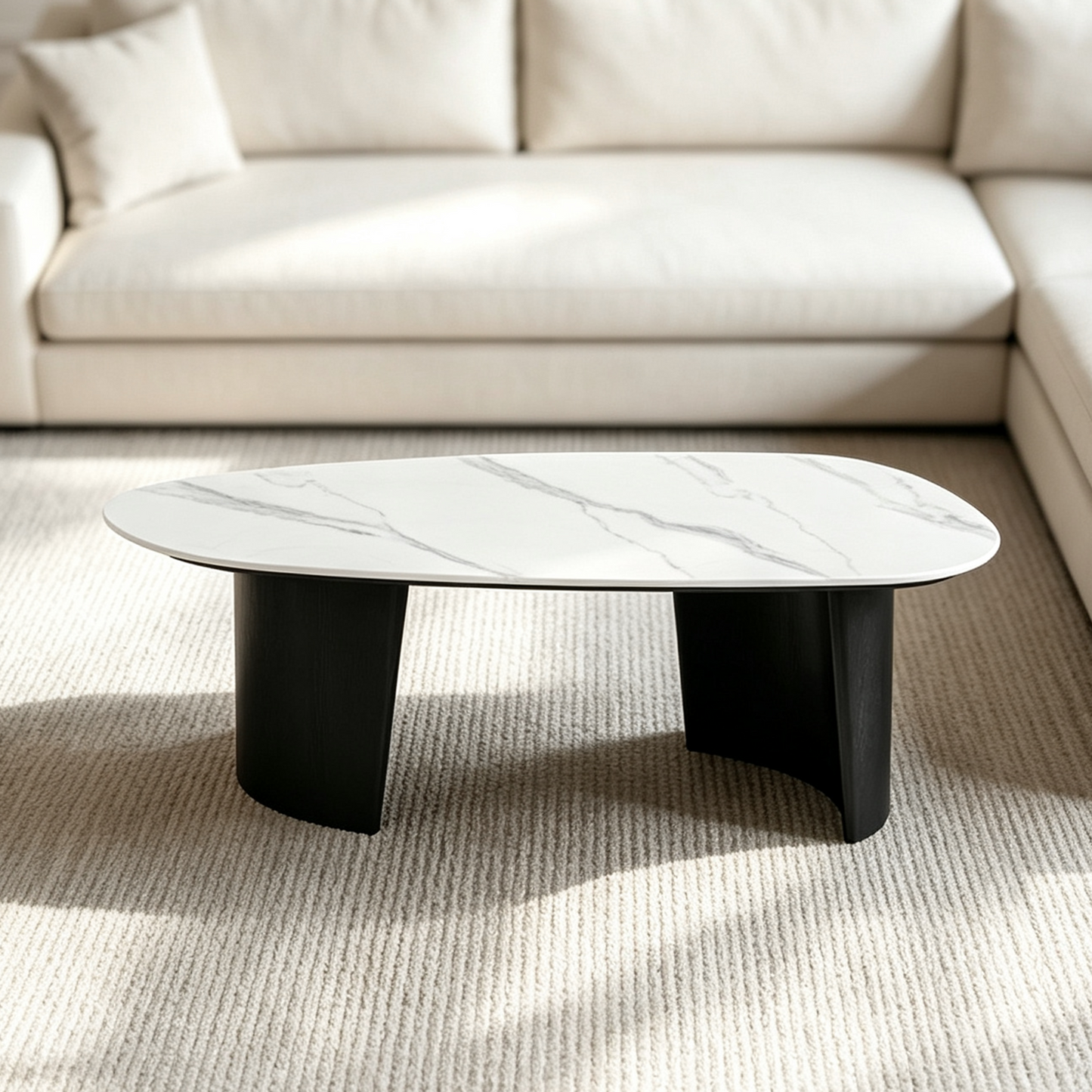 [Pre-Sale] Modern Oval Sintered Stone Coffee Table with Curved Black Ash Veneer Base