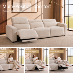 A large beige upholstered reclining sofa is shown in a bright living room, with a woman reclining on it. Below, three smaller panels labeled Reading Time, Movie Night, and Nap Time show the sofa in different reclined positions.