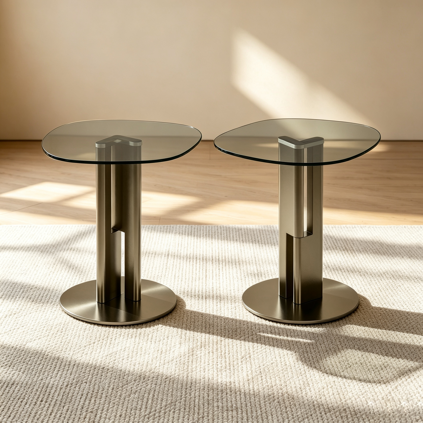 [Pre-Sale] Modern Round Smoked Gray Glass Side Table with Sculptural Gold Steel Base