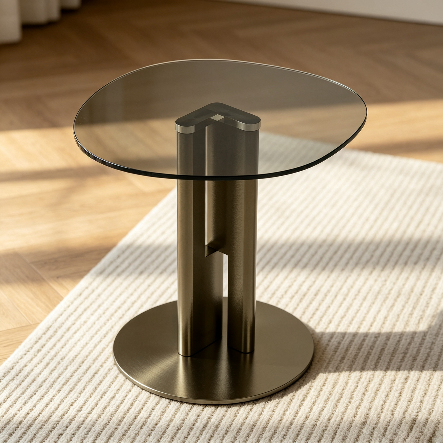 [Pre-Sale] Modern Round Smoked Gray Glass Side Table with Sculptural Gold Steel Base