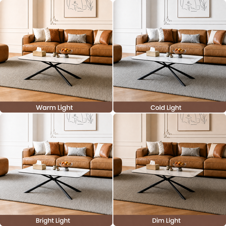 Four panels show the same brown sectional and black coffee table under warm, cool, bright, and dim lighting