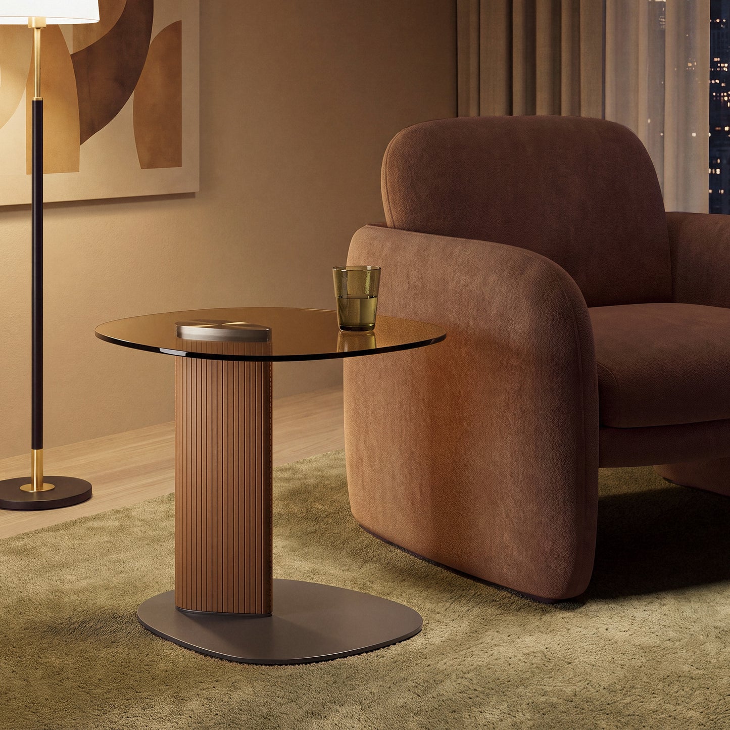 [Pre-Sale] Modern Side Table with Smoked Brown Tempered Glass Top and Textured Leatherette Column