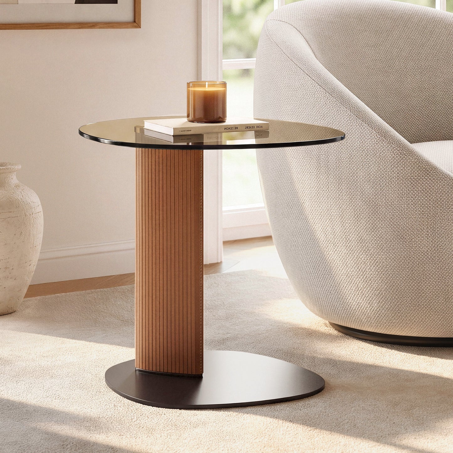 [Pre-Sale] Modern Side Table with Smoked Brown Tempered Glass Top and Textured Leatherette Column