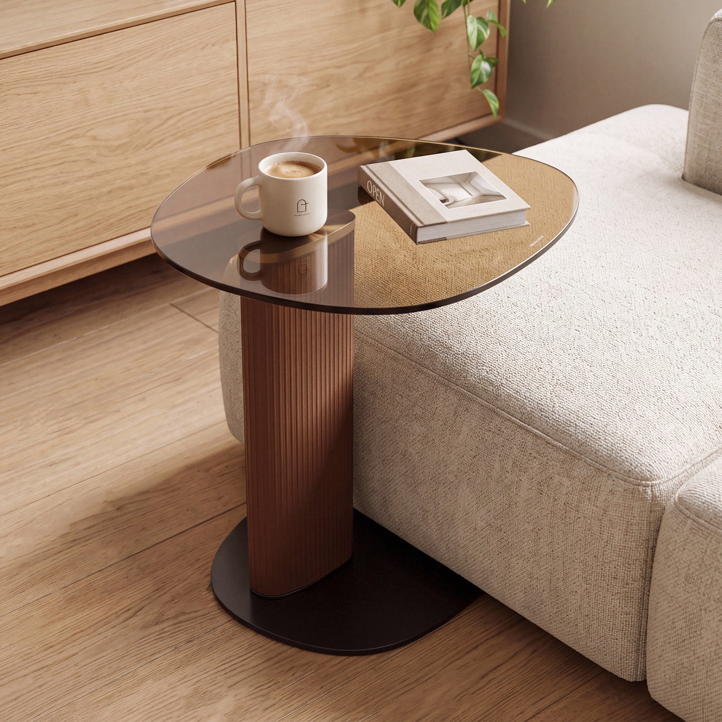 [Pre-Sale] Modern Side Table with Smoked Brown Tempered Glass Top and Textured Leatherette Column