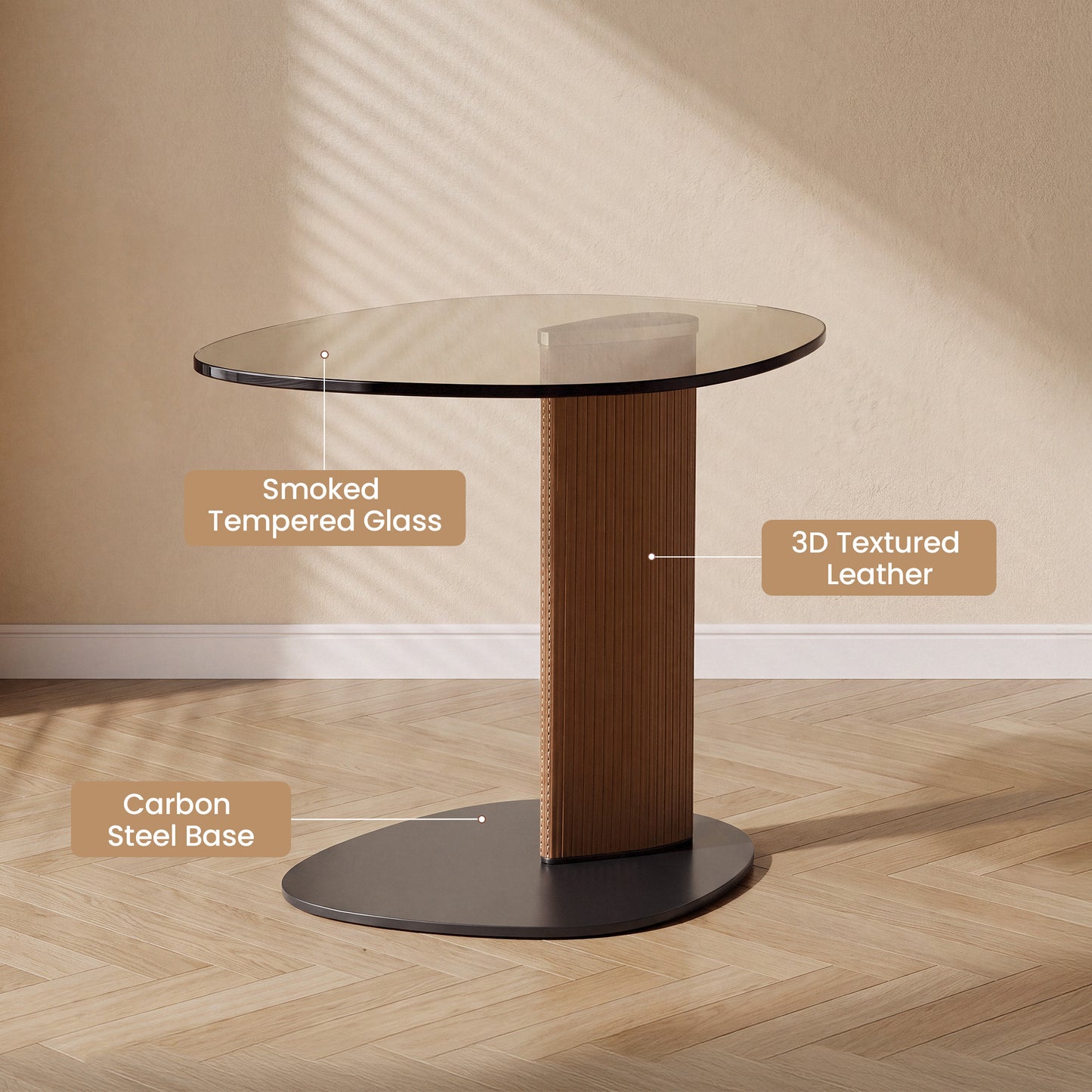 [Pre-Sale] Modern Side Table with Smoked Brown Tempered Glass Top and Textured Leatherette Column