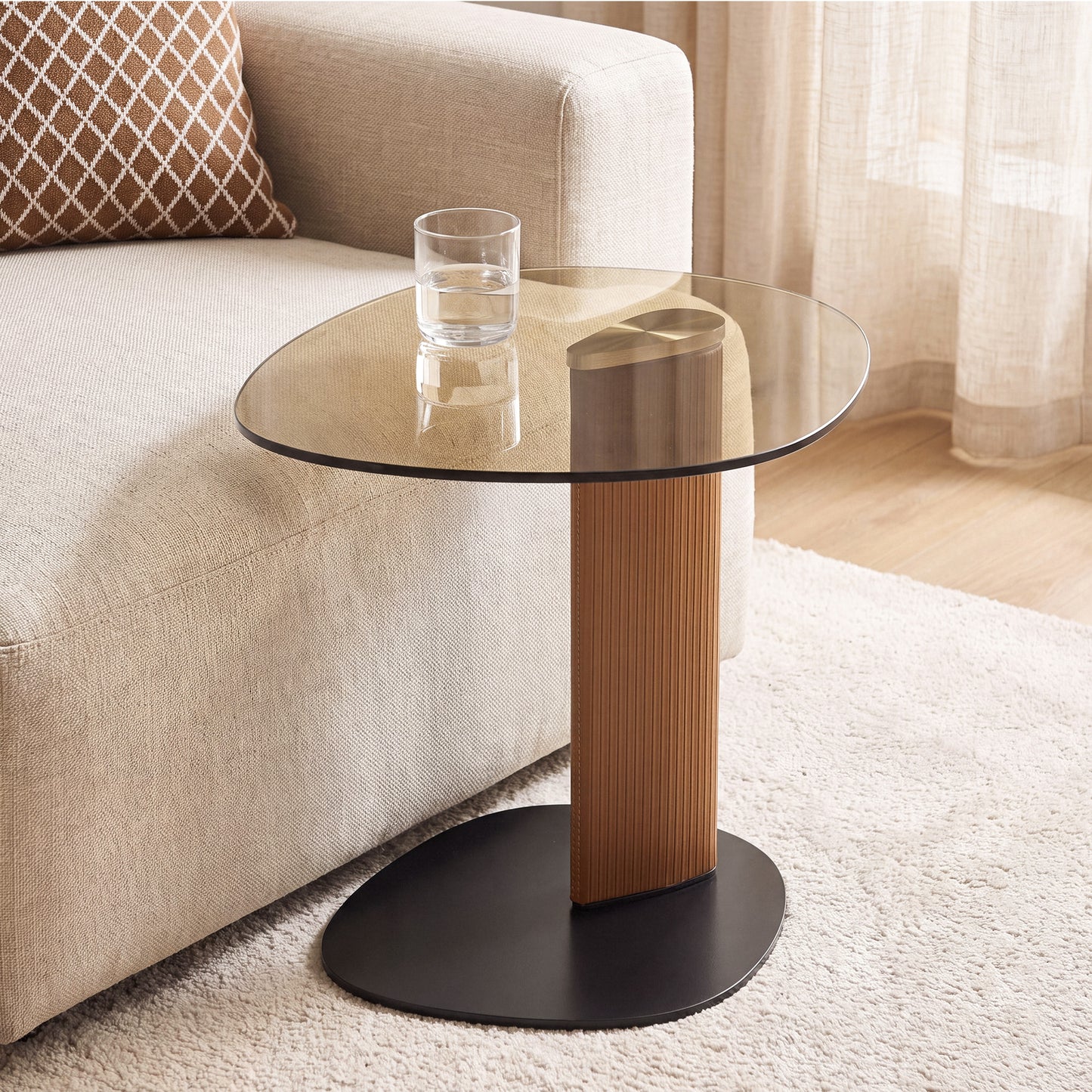[Pre-Sale] Modern Side Table with Smoked Brown Tempered Glass Top and Textured Leatherette Column