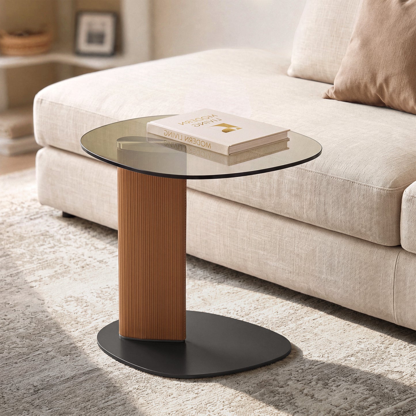 [Pre-Sale] Modern Side Table with Smoked Brown Tempered Glass Top and Textured Leatherette Column