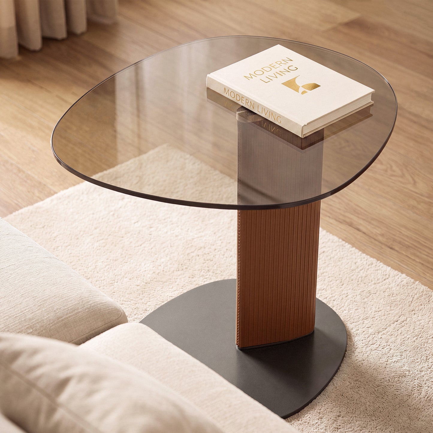 [Pre-Sale] Modern Side Table with Smoked Brown Tempered Glass Top and Textured Leatherette Column