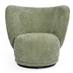 Front studio view shows a green chair with raised side panels and a rounded seat