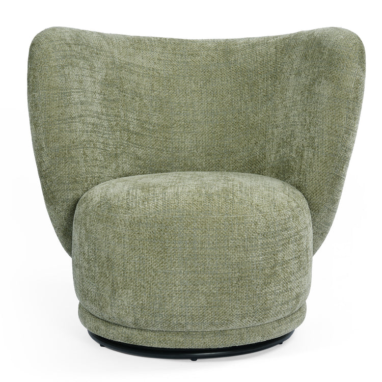 Front studio view shows a green chair with raised side panels and a rounded seat