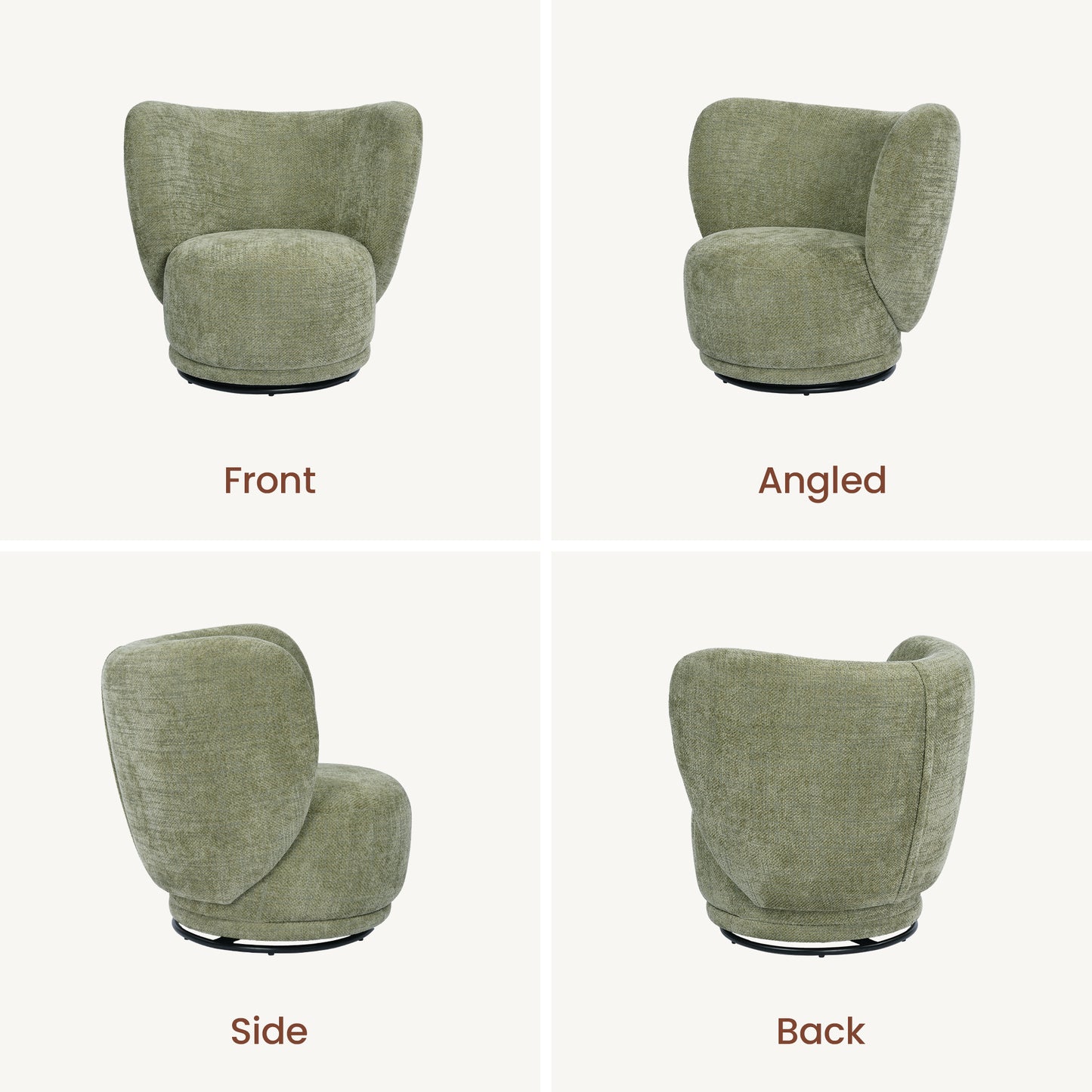 Modern Italian Curved Swivel Accent Chair, Olive Green Chenille Hugging Barrel Chair Main