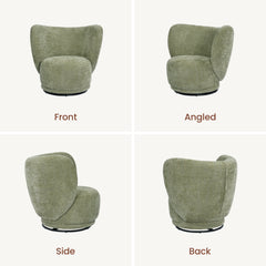 A sage-green upholstered chair appears in front, angled, side, and back views around a black circular base