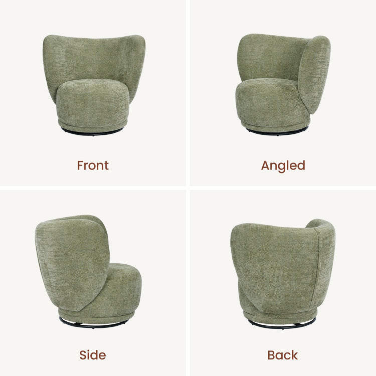 A sage-green upholstered chair appears in front, angled, side, and back views around a black circular base