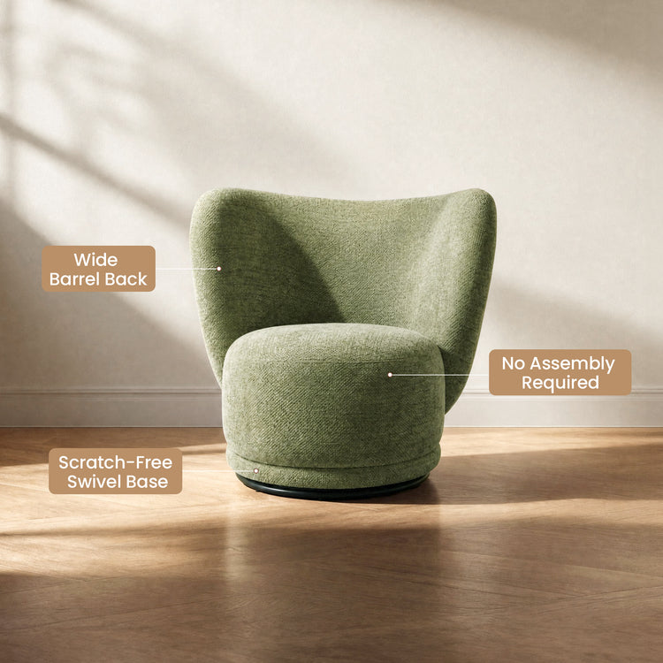 Green upholstered chair has a rounded back and dark circular base, Three callouts point to the back, seat, and base