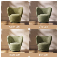 Four panels show the same green rounded chair under warm, cold, bright, and dim lighting
