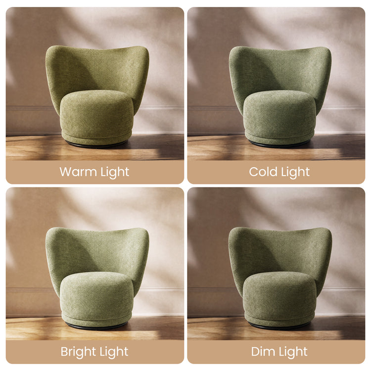Four panels show the same green rounded chair under warm, cold, bright, and dim lighting
